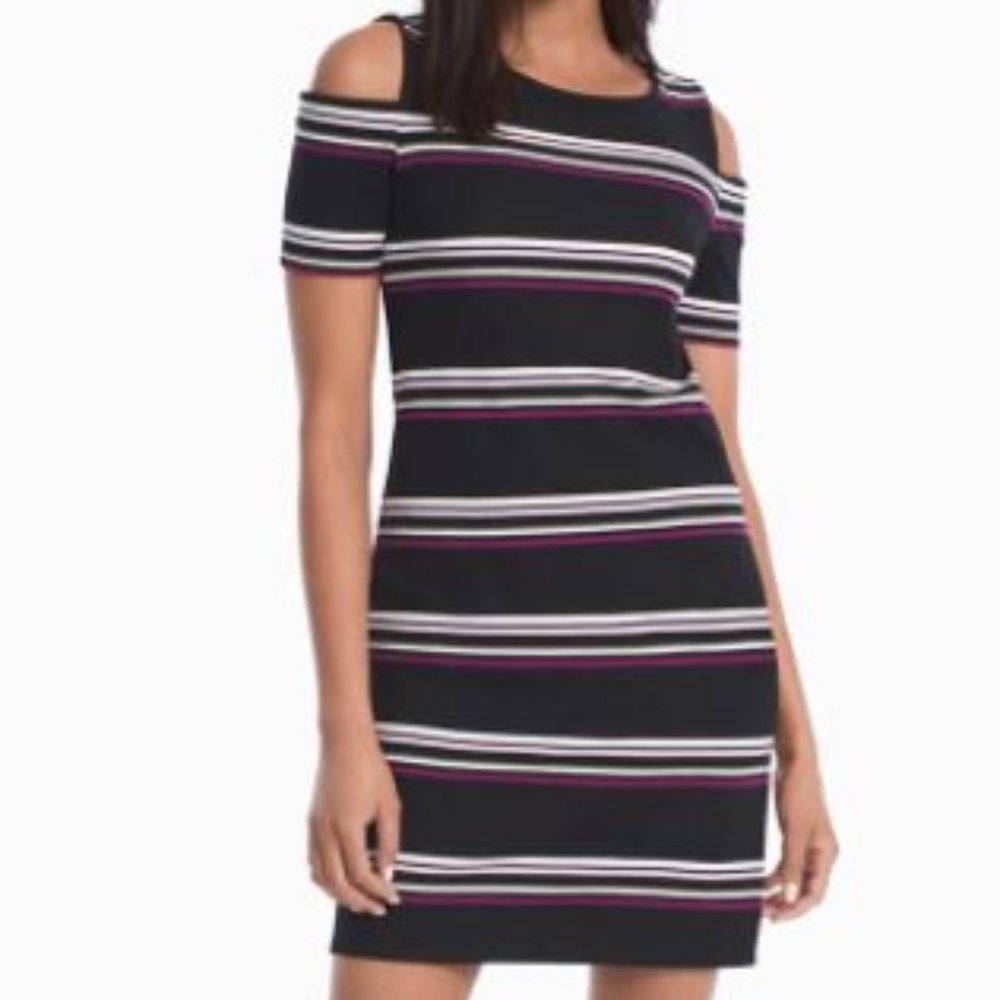 White House Black Market Cold-Shoulder Black Berry Striped Knit Dress